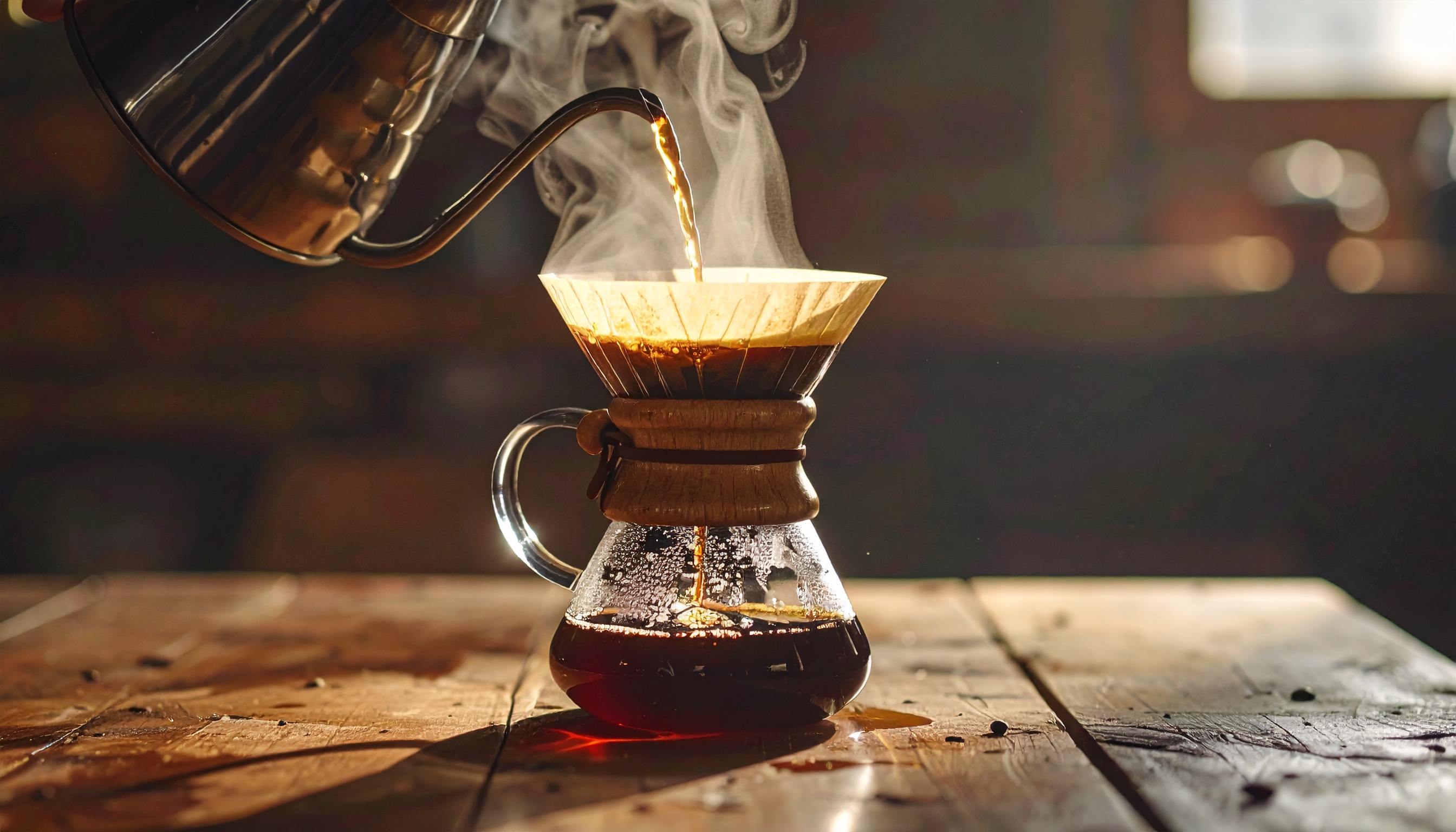 Café sendo preparado em uma Chemex em ambiente rústico, com luz suave e quente. O vapor sobe, criando uma atmosfera acolhedora, ideal para amantes de café. Técnica de pour-over destaca a simplicidade e a arte do preparo manual.